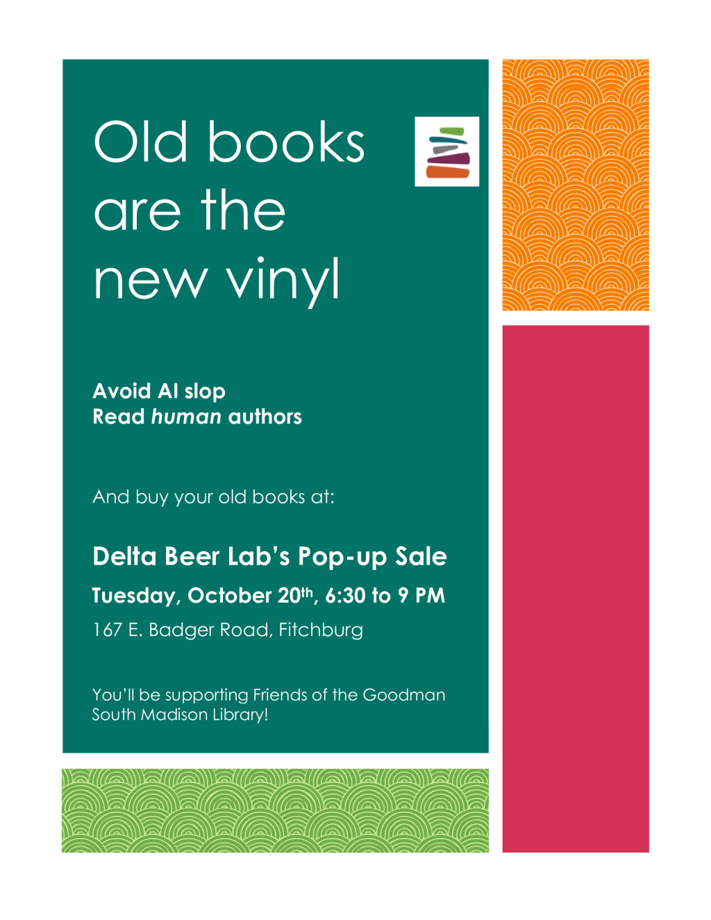 Friends of Goodman South Madison Library Book Sale at Delta Beer Lab Oct 20th